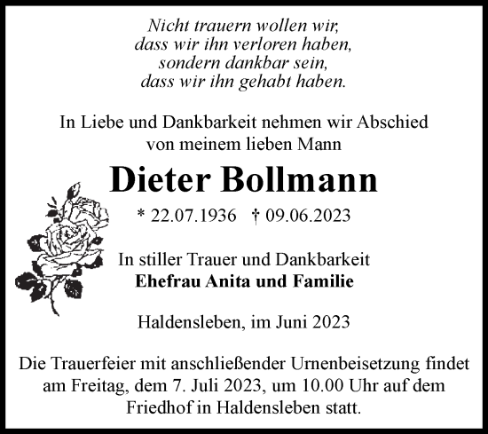 Traueranzeige von Dieter Bollmann von Volksstimme Haldensleben/Wolmirstedt