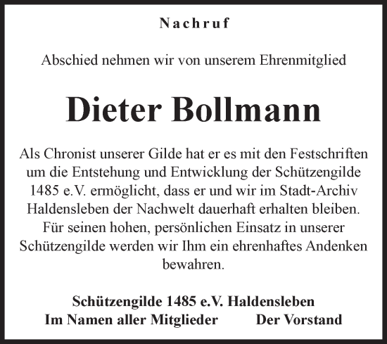 Traueranzeige von Dieter Bollmann von Volksstimme Haldensleben/Wolmirstedt