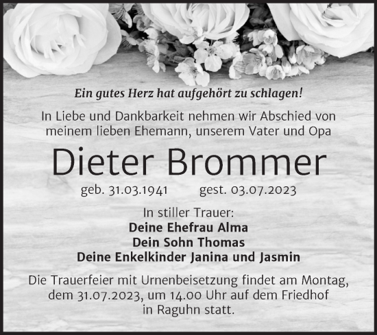 Traueranzeige von Dieter Brommer von Trauerkombi Bitterfeld