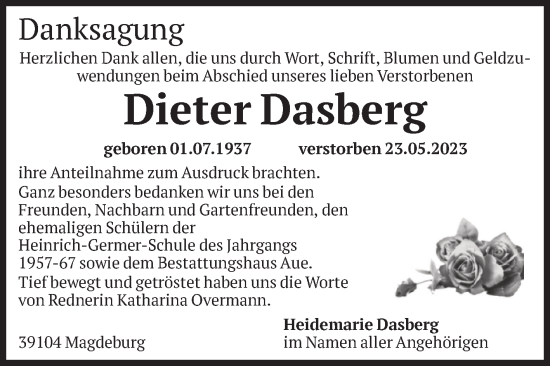 Traueranzeige von Dieter Dasberg von Volksstimme Magdeburg