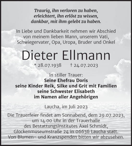 Traueranzeige von Dieter Ellmann von Naumburger Tageblatt