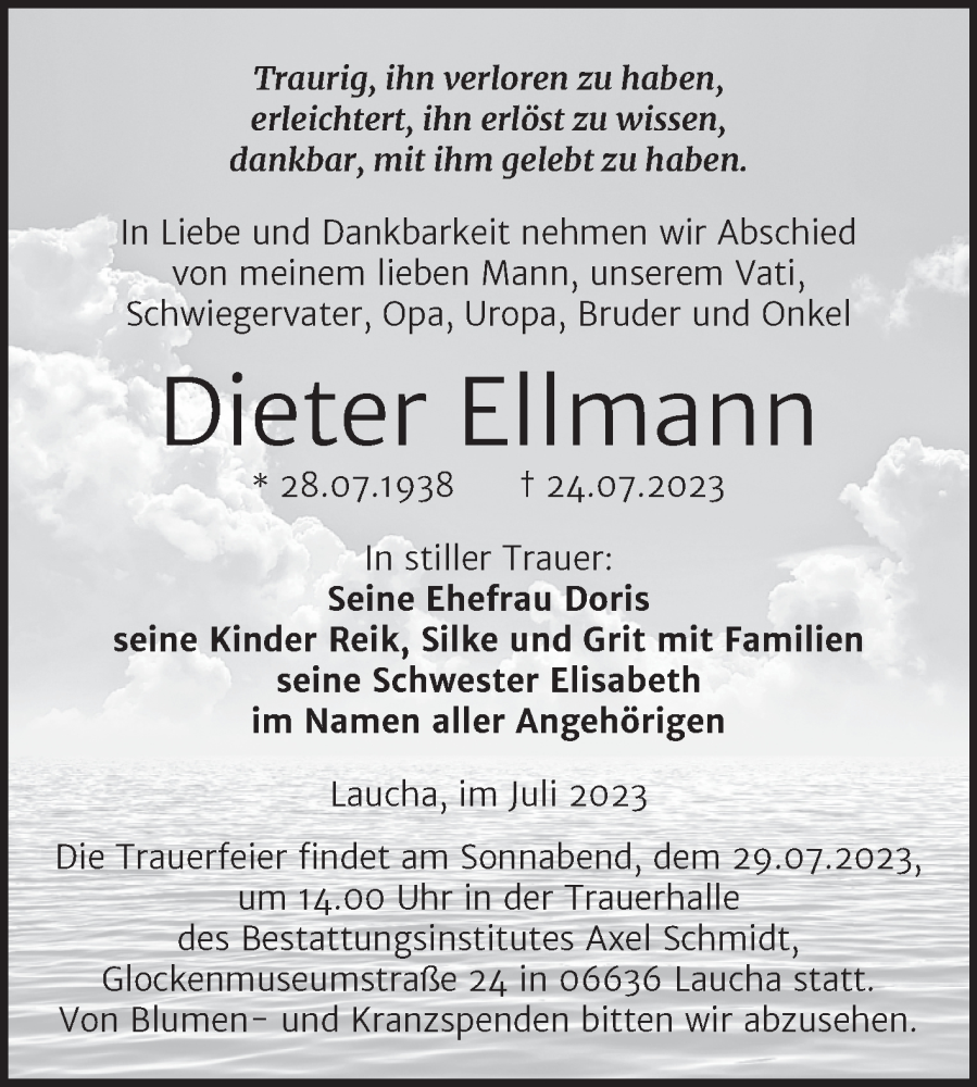  Traueranzeige für Dieter Ellmann vom 27.07.2023 aus Naumburger Tageblatt