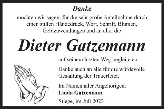 Traueranzeige von Dieter Gatzemann von Volksstimme Wernigerode