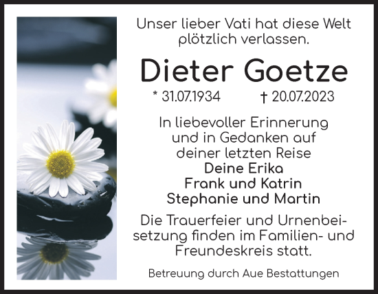 Traueranzeige von Dieter Goetze von Volksstimme Magdeburg
