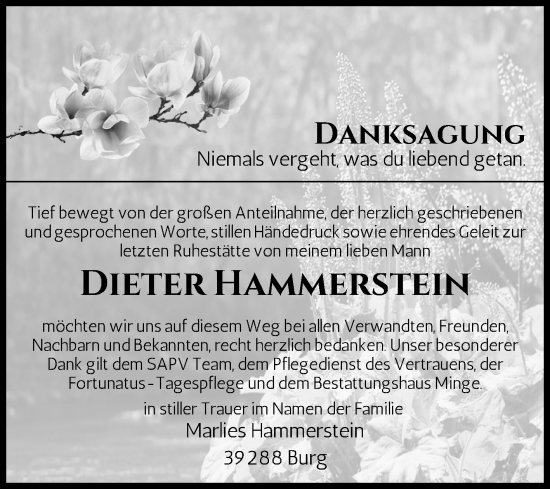 Traueranzeige von Dieter Hammerstein von Volksstimme Burg/Genthin