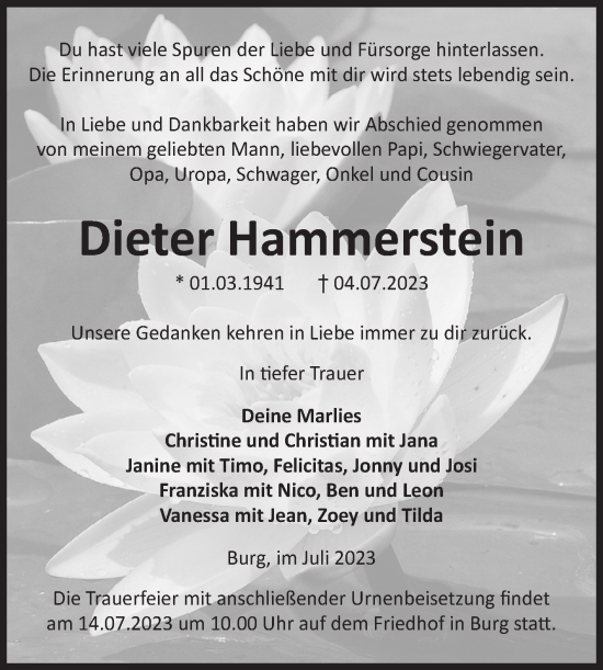 Traueranzeige von Dieter Hammerstein von Volksstimme Burg/Genthin