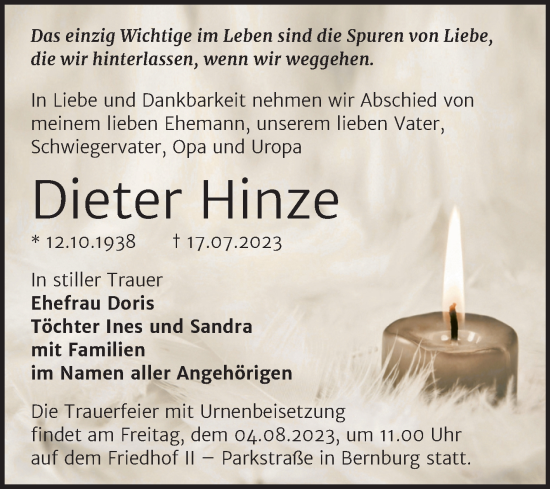 Traueranzeige von Dieter Hinze von Trauerkombi Bernburg