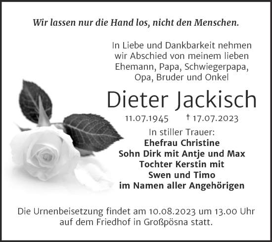 Traueranzeige von Dieter Jackisch von Trauerkombi Merseburg