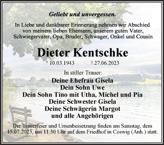 Traueranzeige von Dieter Kentschke von Trauerkombi Wittenberg
