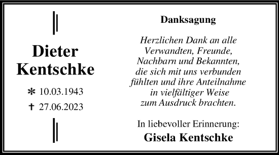 Traueranzeige von Dieter Kentschke von Trauerkombi Wittenberg