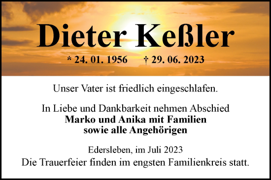 Traueranzeige von Dieter Keßler von Trauerkombi Sangerhausen