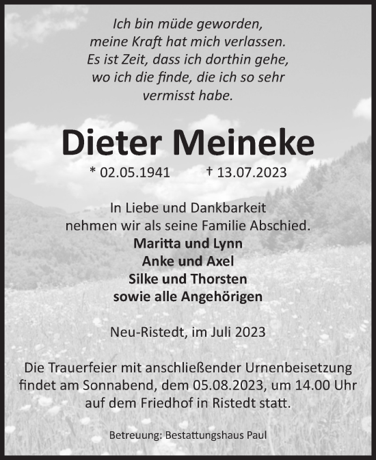 Traueranzeige von Dieter Meineke von Volksstimme Altmark West