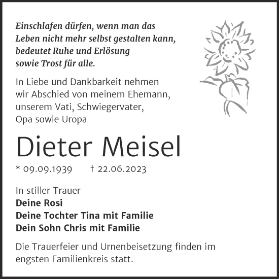 Traueranzeige von Dieter Meisel von Trauerkombi Wittenberg
