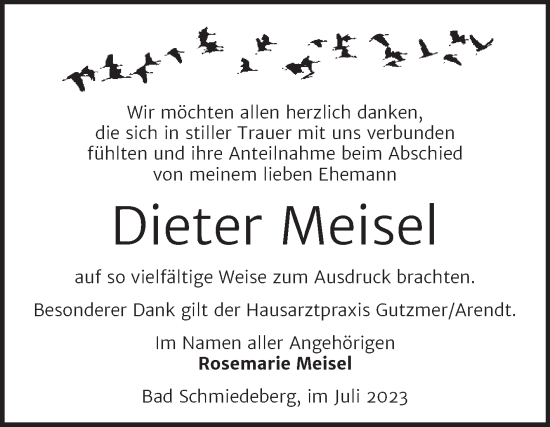 Traueranzeige von Dieter Meisel von Trauerkombi Wittenberg