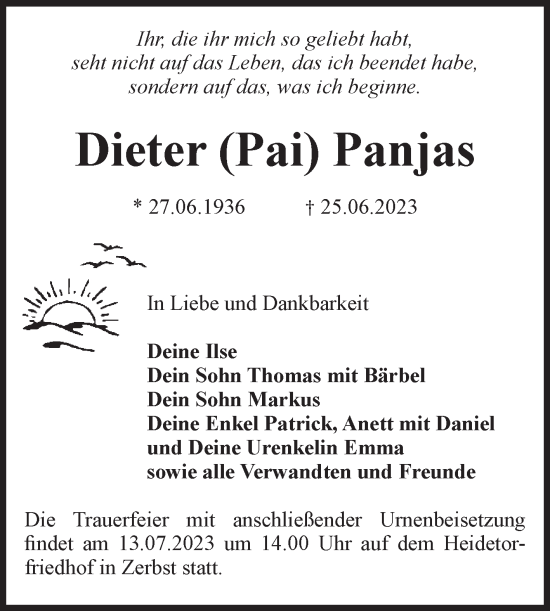 Traueranzeige von Dieter Panjas von Volksstimme Zerbst