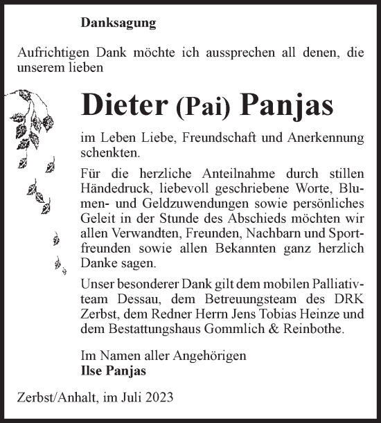 Traueranzeige von Dieter Panjas von Volksstimme Zerbst