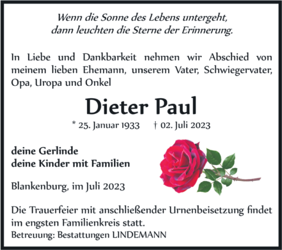 Traueranzeige von Dieter Paul von Volksstimme Wernigerode