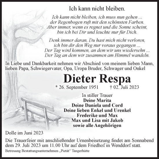 Traueranzeige von Dieter Respa von Volksstimme Haldensleben/Wolmirstedt