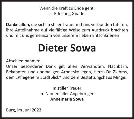 Traueranzeige von Dieter Sowa von Volksstimme Burg/Genthin