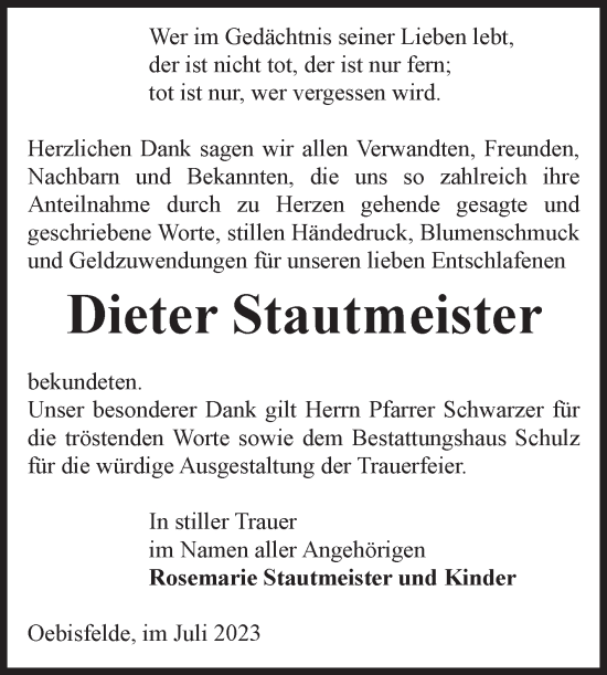 Traueranzeige von Dieter Stautmeister von Volksstimme Altmark West