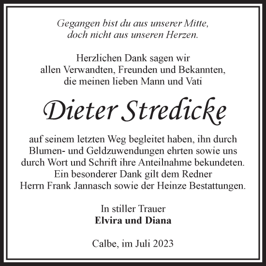Traueranzeige von Dieter Stredicke von Volksstimme Schönebeck