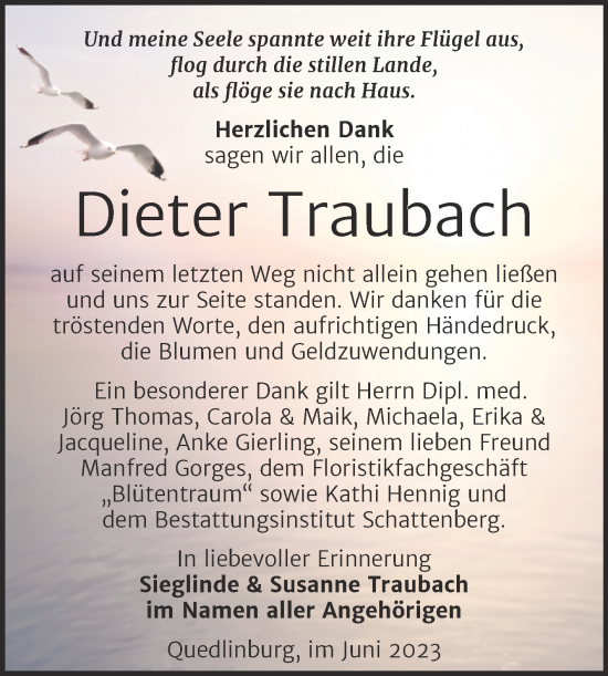 Traueranzeige von Dieter Traubach von Trauerkombi Quedlinburg