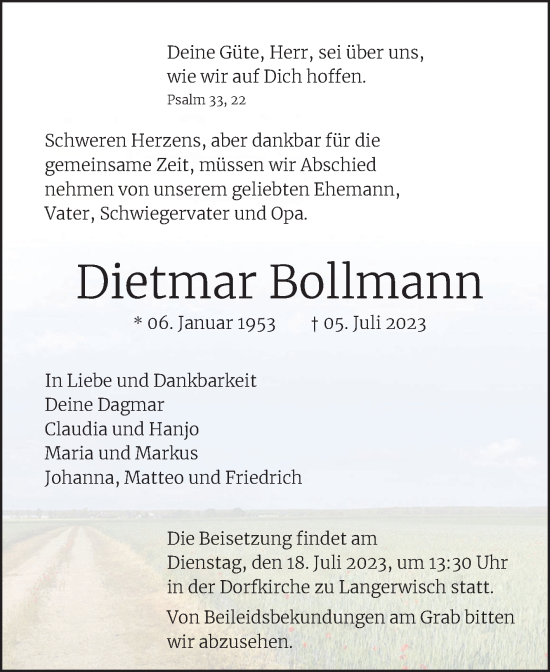 Traueranzeige von Dietmar Bollmann von Trauerkombi Dessau
