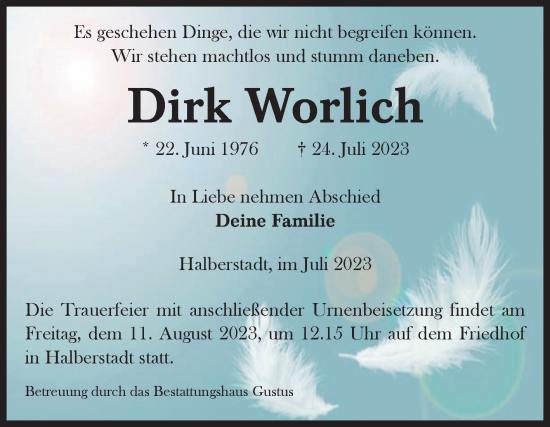 Traueranzeige von Dirk Worlich von Volksstimme Halberstadt