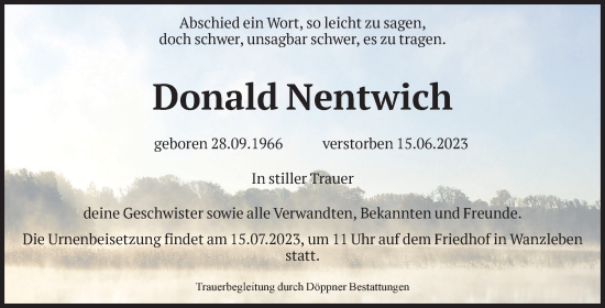 Traueranzeige von Donald Nentwich von Volksstimme Oschersleben/Wanzleben