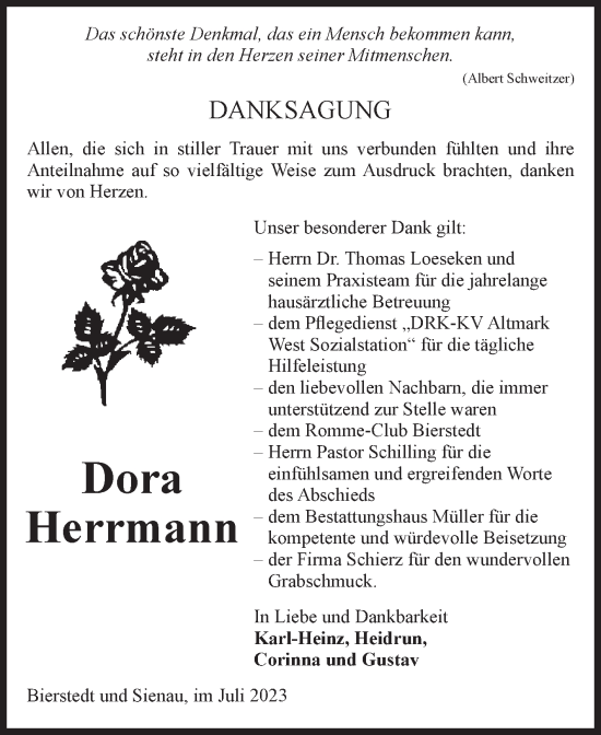 Traueranzeige von Dora Herrmann von Volksstimme Altmark West