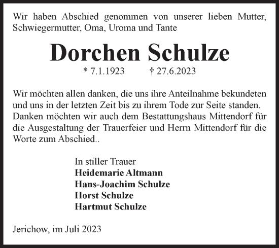 Traueranzeige von Dorchen Schulze von Volksstimme Burg/Genthin