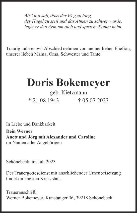Traueranzeige von Doris Bokemeyer von Volksstimme Schönebeck