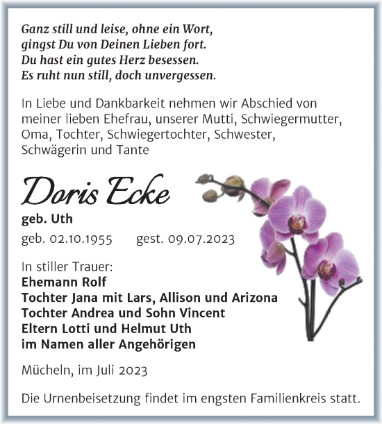 Traueranzeige von Doris Ecke von Trauerkombi Merseburg