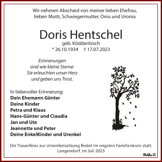 Traueranzeige von Doris Hentschel von Trauerkombi Weißenfels