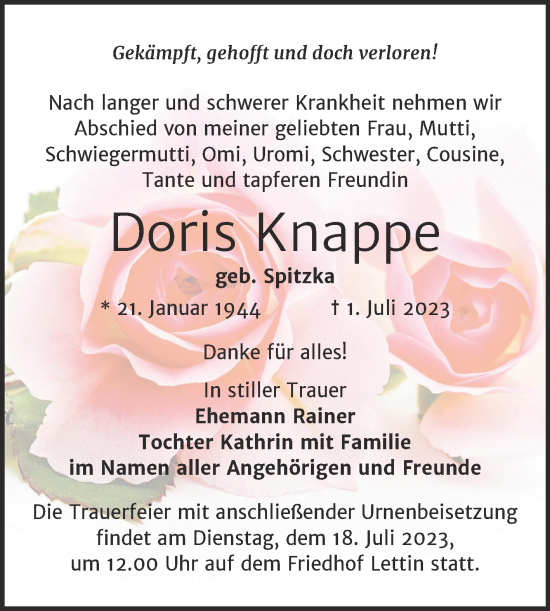 Traueranzeige von Doris Knappe von Mitteldeutsche Zeitung Halle/Saalkreis