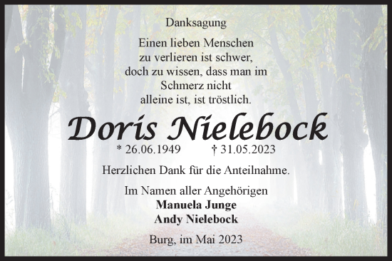 Traueranzeige von Doris Nielebock von Volksstimme Burg/Genthin