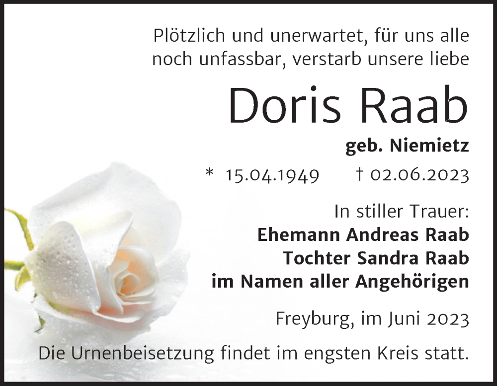  Traueranzeige für Doris Raab vom 05.07.2023 aus Wochenspiegel Naumburg/Nebra