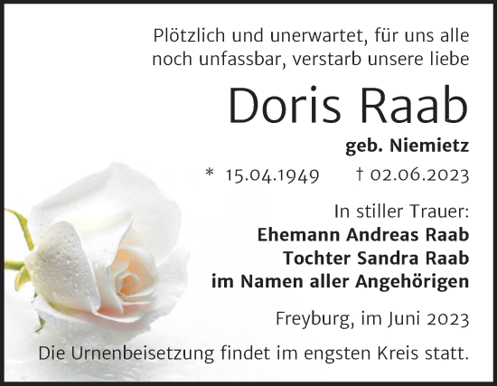 Traueranzeige von Doris Raab von Wochenspiegel Naumburg/Nebra