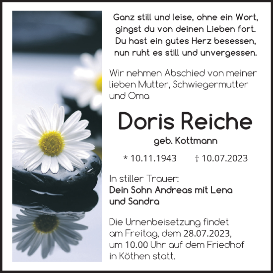 Traueranzeige von Doris Reiche von Trauerkombi Köthen