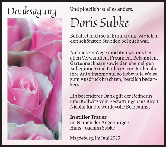Traueranzeige von Doris Subke von Volksstimme Magdeburg