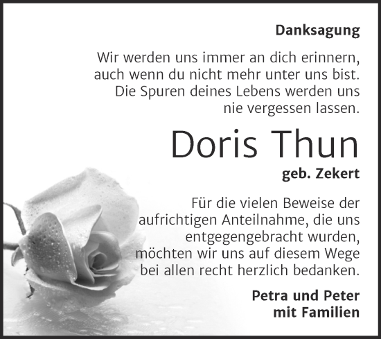 Traueranzeige von Doris Thun von Trauerkombi Mansfelder Land