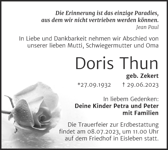 Traueranzeige von Doris Thun von Mitteldeutsche Zeitung Mansfelder Land