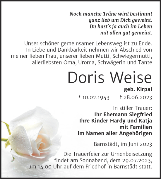 Traueranzeige von Doris Weise von Trauerkombi Merseburg