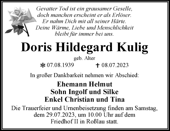Traueranzeige von Doris Hildegard Kulig von Trauerkombi Dessau