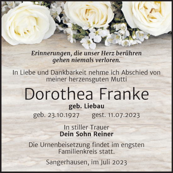 Traueranzeige von Dorothea Franke von Trauerkombi Sangerhausen