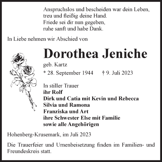 Traueranzeige von Dorothea Jeniche von Volksstimme Altmark Ost