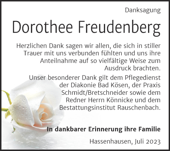 Traueranzeige von Dorothee Freudenberg von Wochenspiegel Naumburg/Nebra