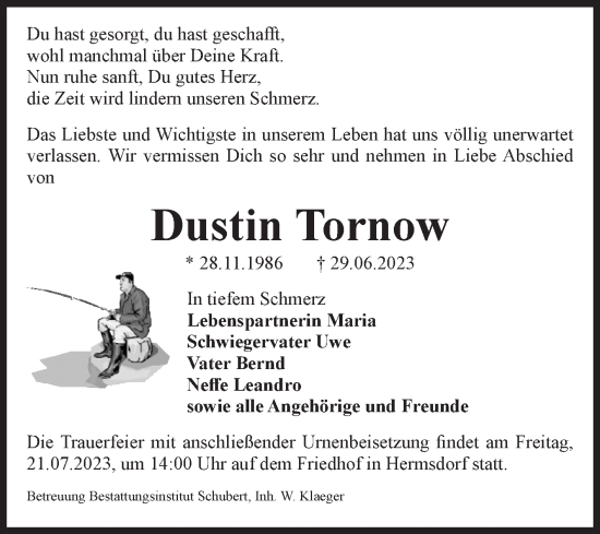 Traueranzeige von Dustin Tornow von Volksstimme Haldensleben/Wolmirstedt