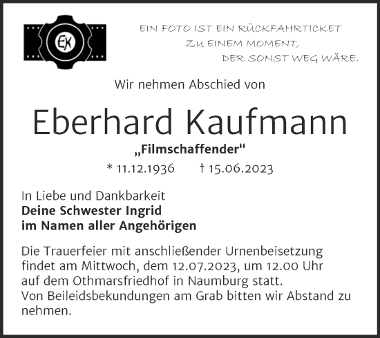 Traueranzeige von Eberhard Kaufmann von Wochenspiegel Naumburg/Nebra