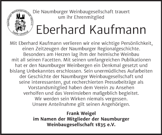 Traueranzeige von Eberhard Kaufmann von Naumburger Tageblatt